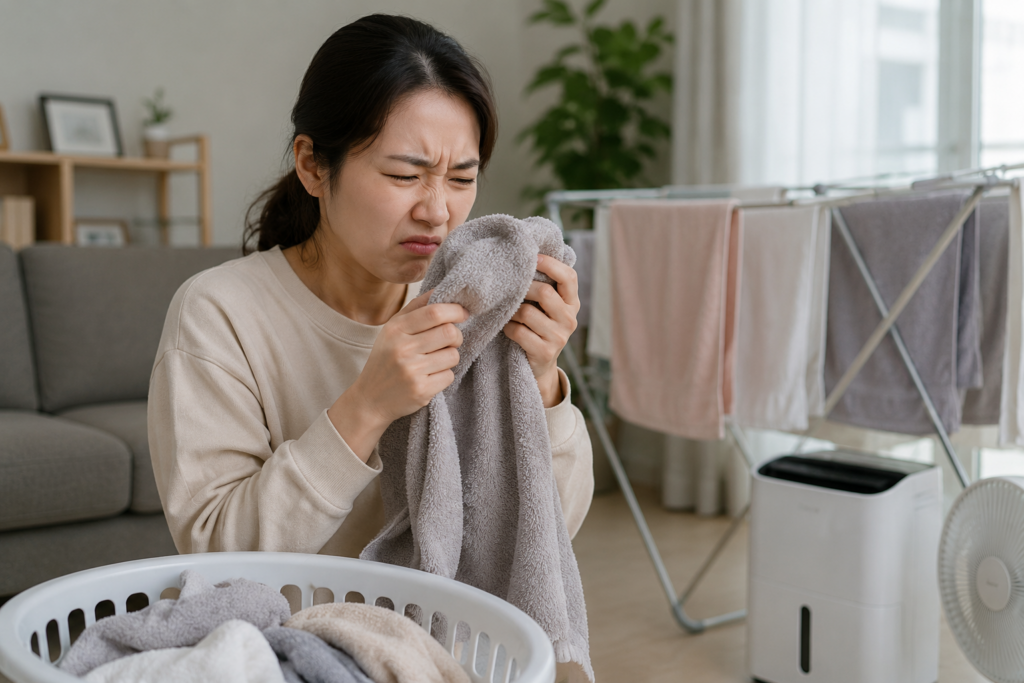 수건 냄새 때문에 불쾌한 표정을 짓는 한국인 여성
