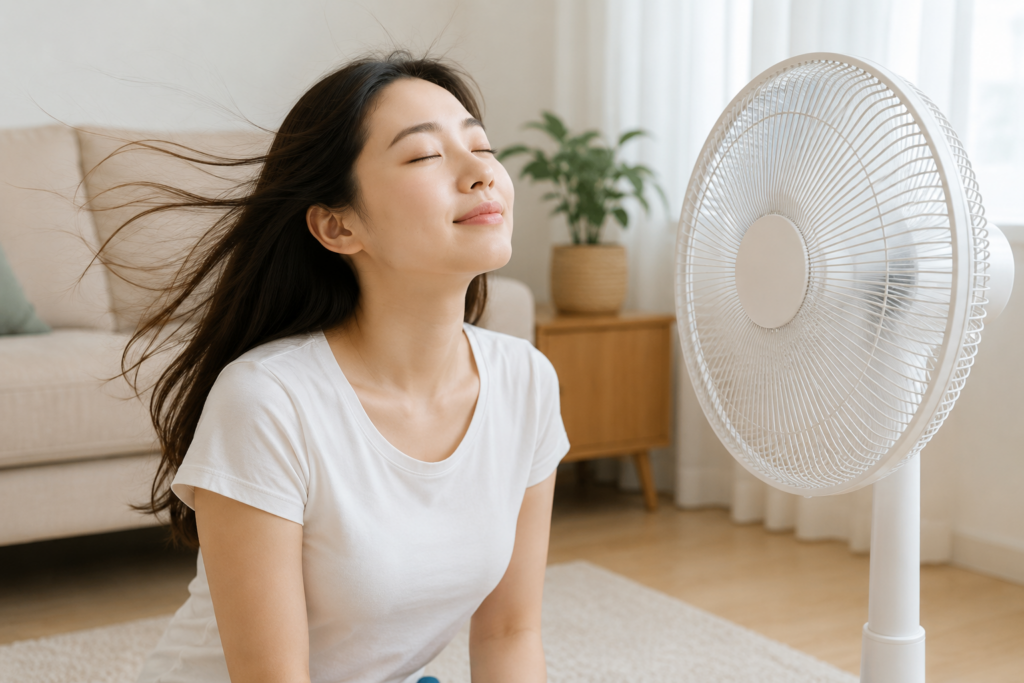 선풍기 전기세를 절약하며 선풍기를 사용하는 여성